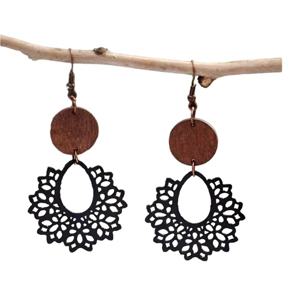 Jewelry - Boho Navy Blue and Brown Leather and Wood Drop Style Earrings